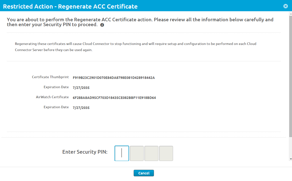 The Regenerate ACC Certificate screen where you can enter your security PIN.