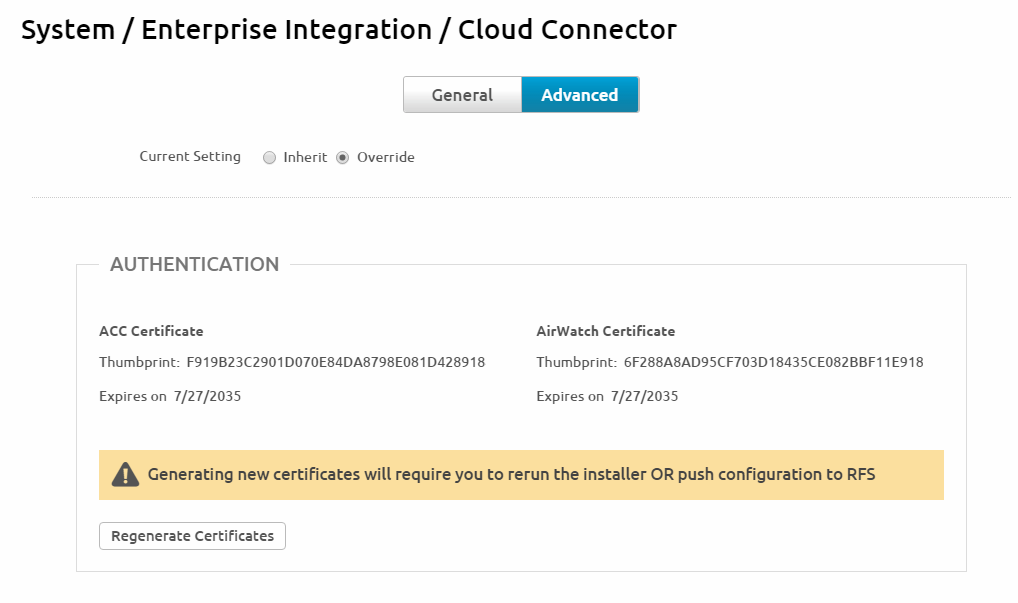Cloud Connector settings screen showing the Regenerate Certifications option.