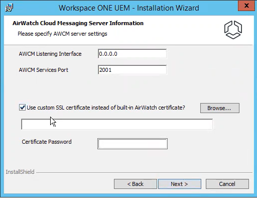 Workspace ONE UEM Installation Wizard. Select Use custom SSL certificate instead of built-in AirWatch certificate.