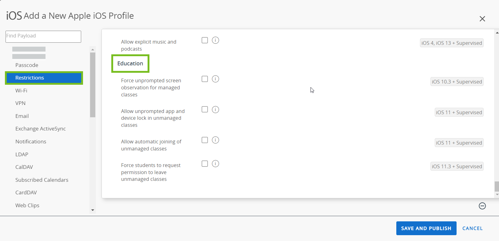 The Restriction profile user interface displays options for education features, with the Restrictions and Education options highlighted. The Restriction profile user interface displays options for education features, with the Restrictions and Education options highlighted.
