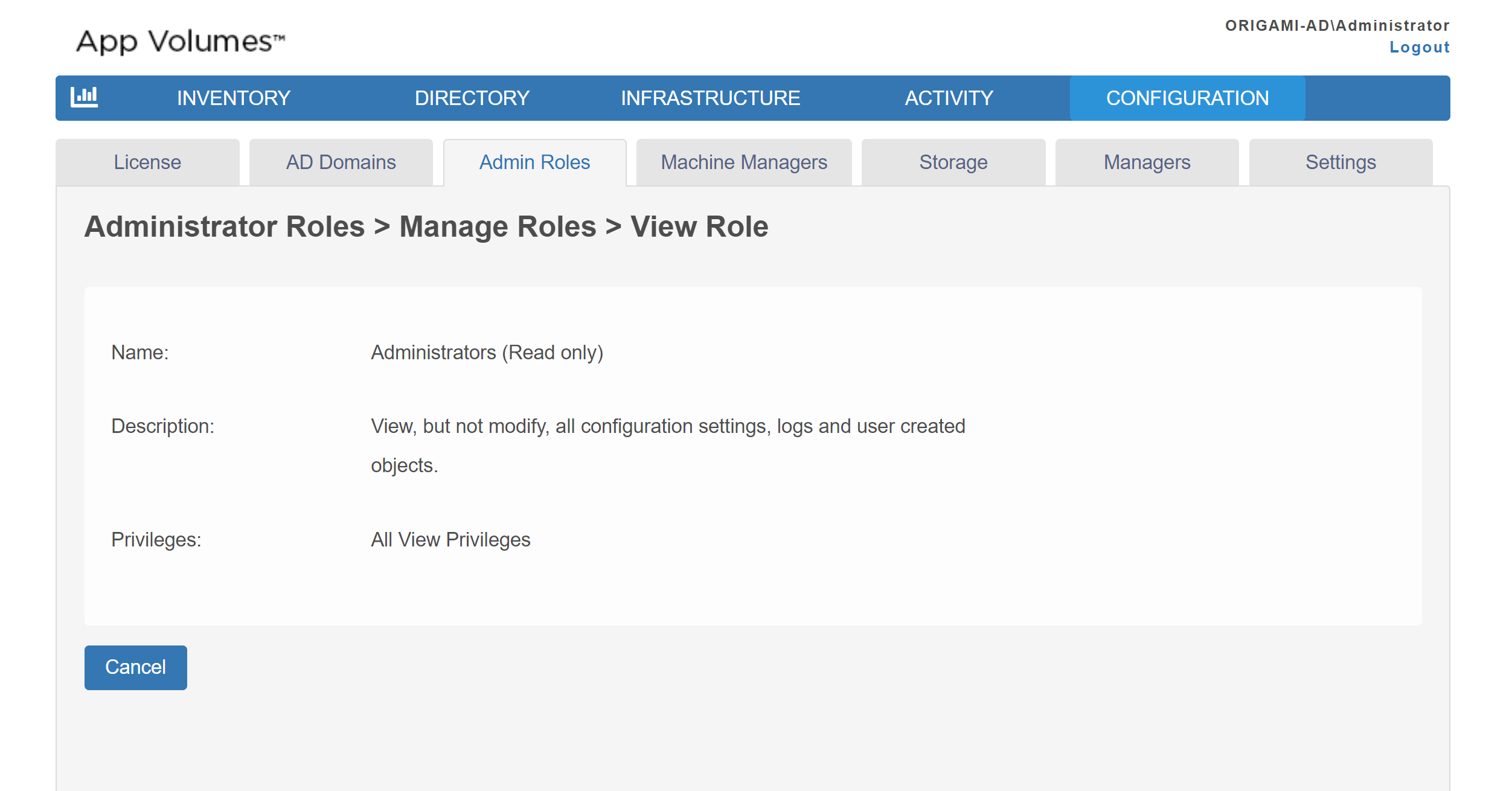 Name, Description, and Privileges of an App Volumes admin role are displayed.