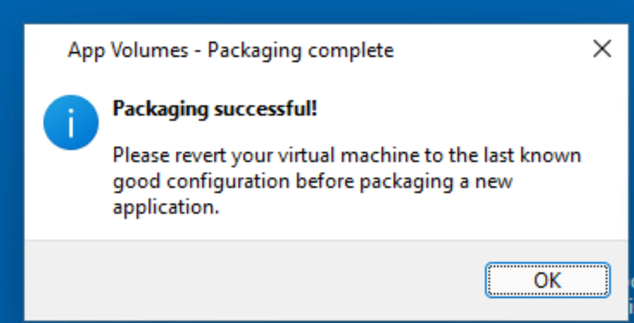 Packaging successful dialog box.