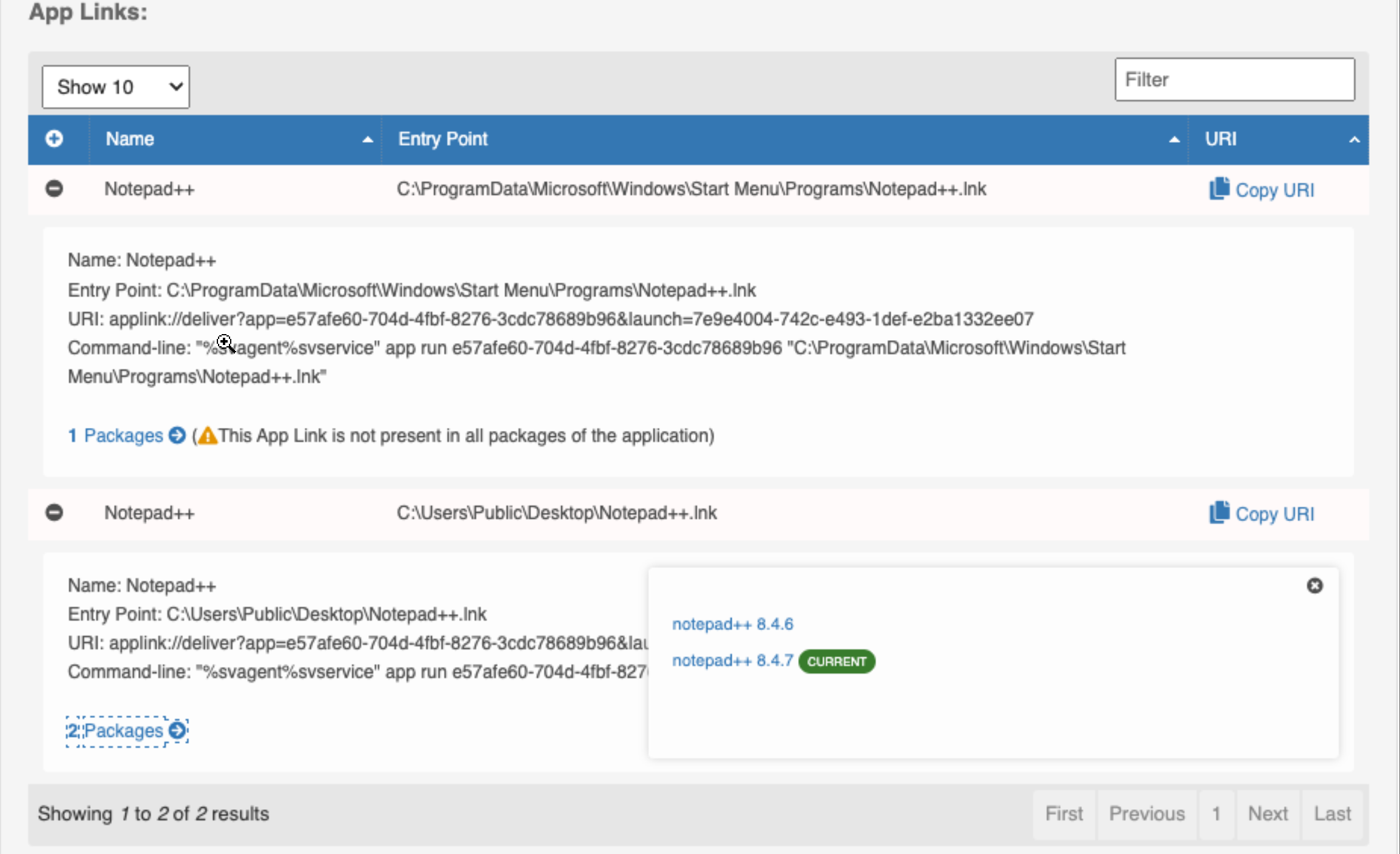 Each row in the table contains an application name, a path from which an application can be launched, App Link, and list of packages for this application.