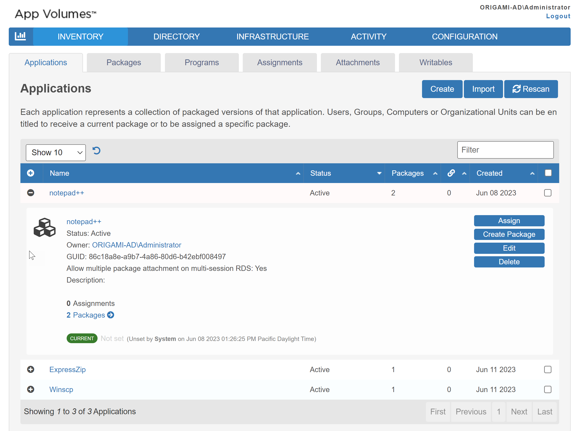 Applications Summary page contains the list of applications created in App Volumes and the information summary for each application.