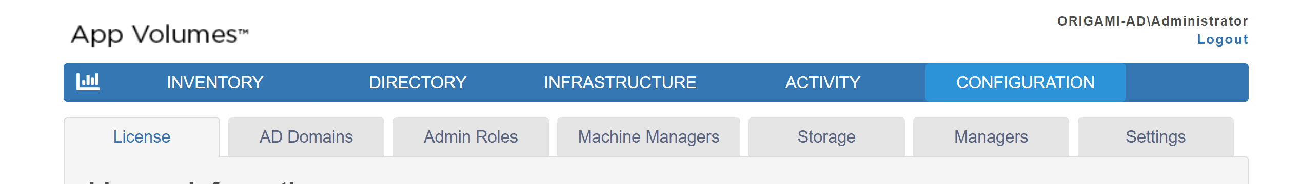 Use the CONFIGURATION tab to verify license, configure active directory, machine manager, storage, and advanced settings, and assign roles.