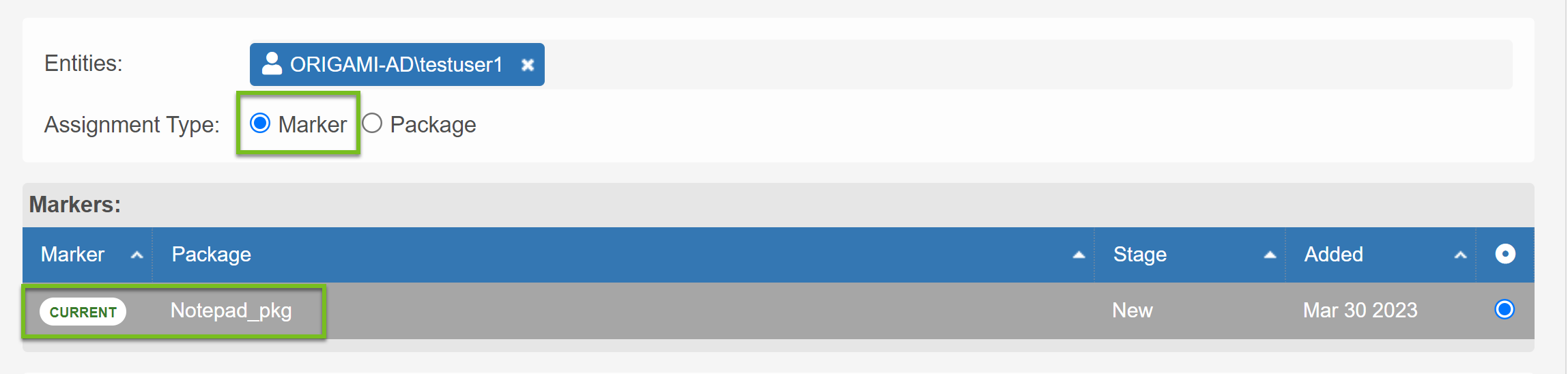 For the Assignment Type Marker, an entity receives the current version of a package and the package has the CURRENT marker.