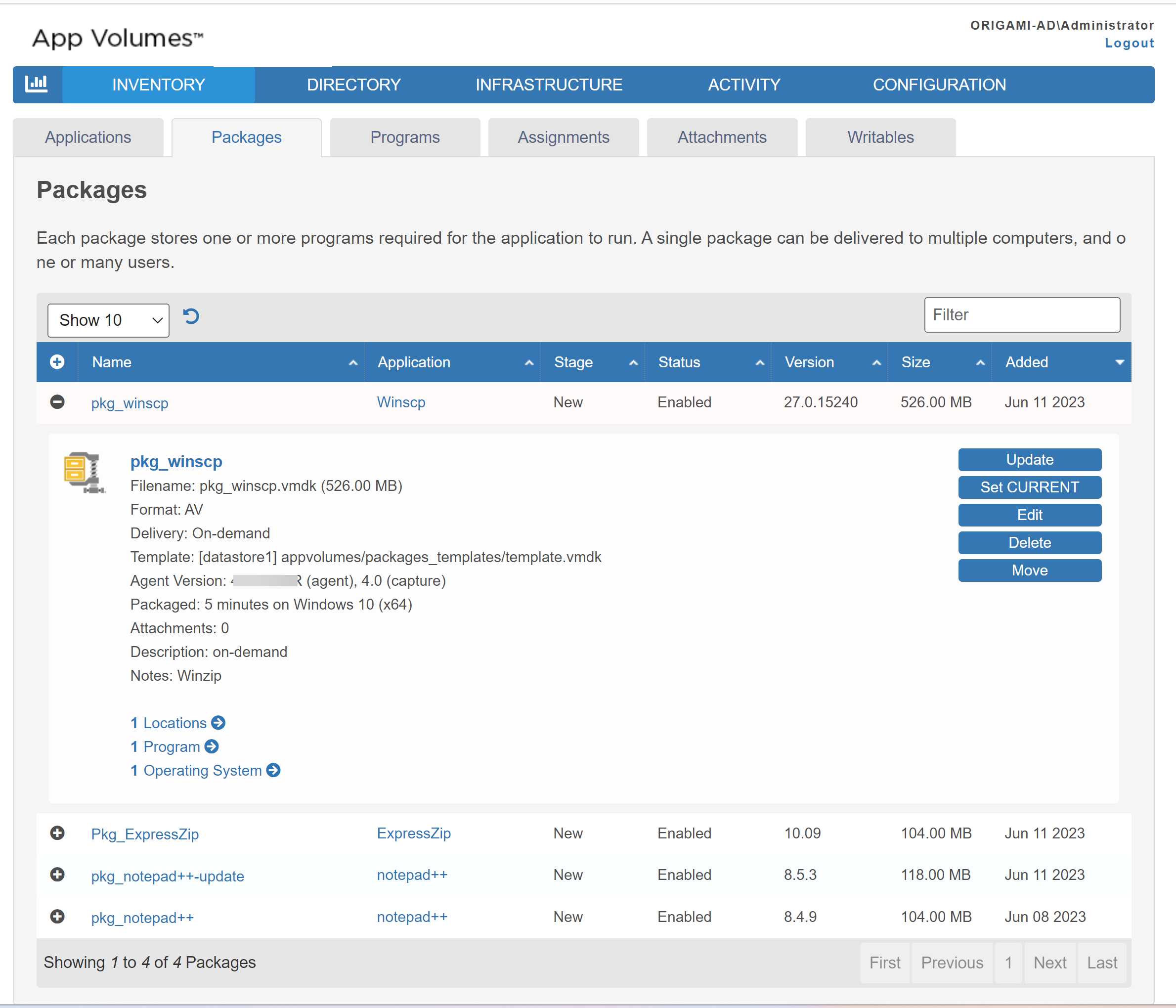 Packages summary page lists all the packages created for all applications in App Volumes and displays the information summary for each package. Packages summary page lists all the packages created for all applications in App Volumes and displays the information summary for each package.