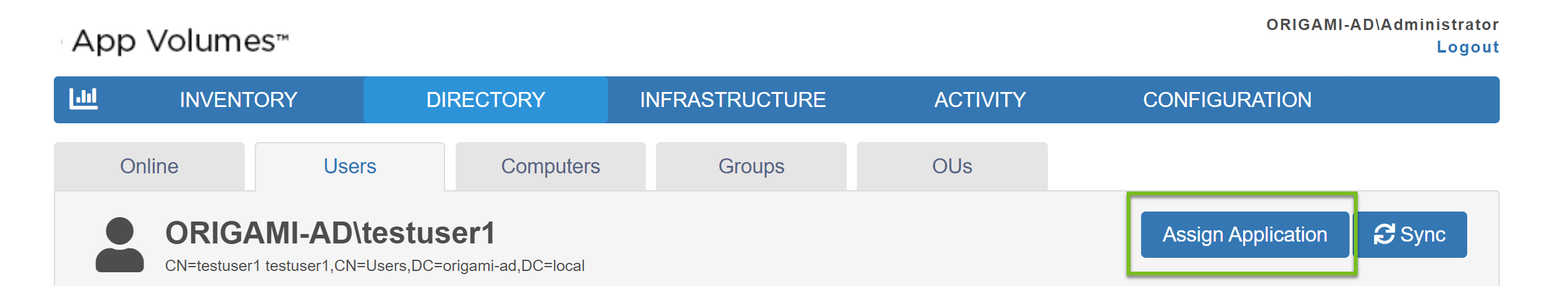 Assign Application is present in the Users entity page as part of the CONFIGURATION tab.