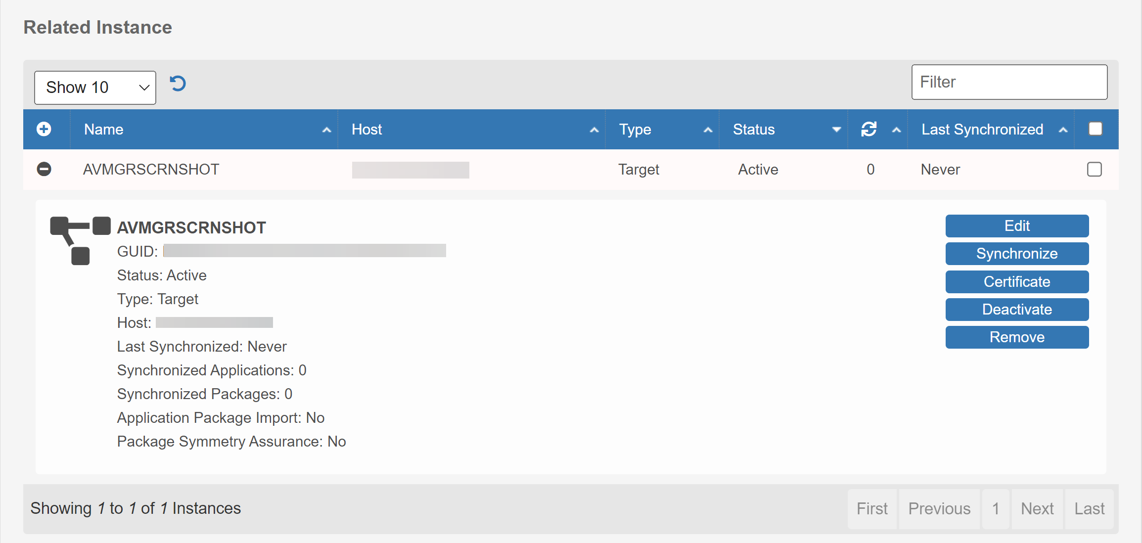 Target instance details such as GUID, status, IP address, the number of applications and packages synchronized, and status of control settings are displayed.