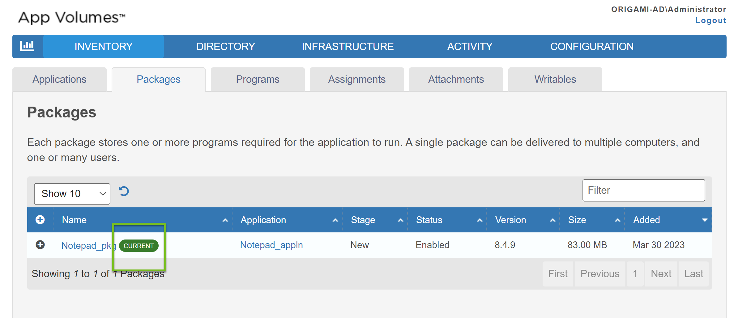 Notepad_pkg has the CURRENT marker. Notepad_pkg has the CURRENT marker.