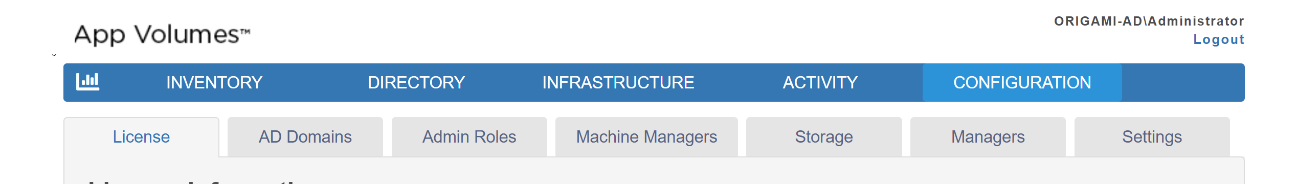 Use the CONFIGURATION tab to verify license, configure active directory, machine manager, storage, and advanced settings, and assign roles.