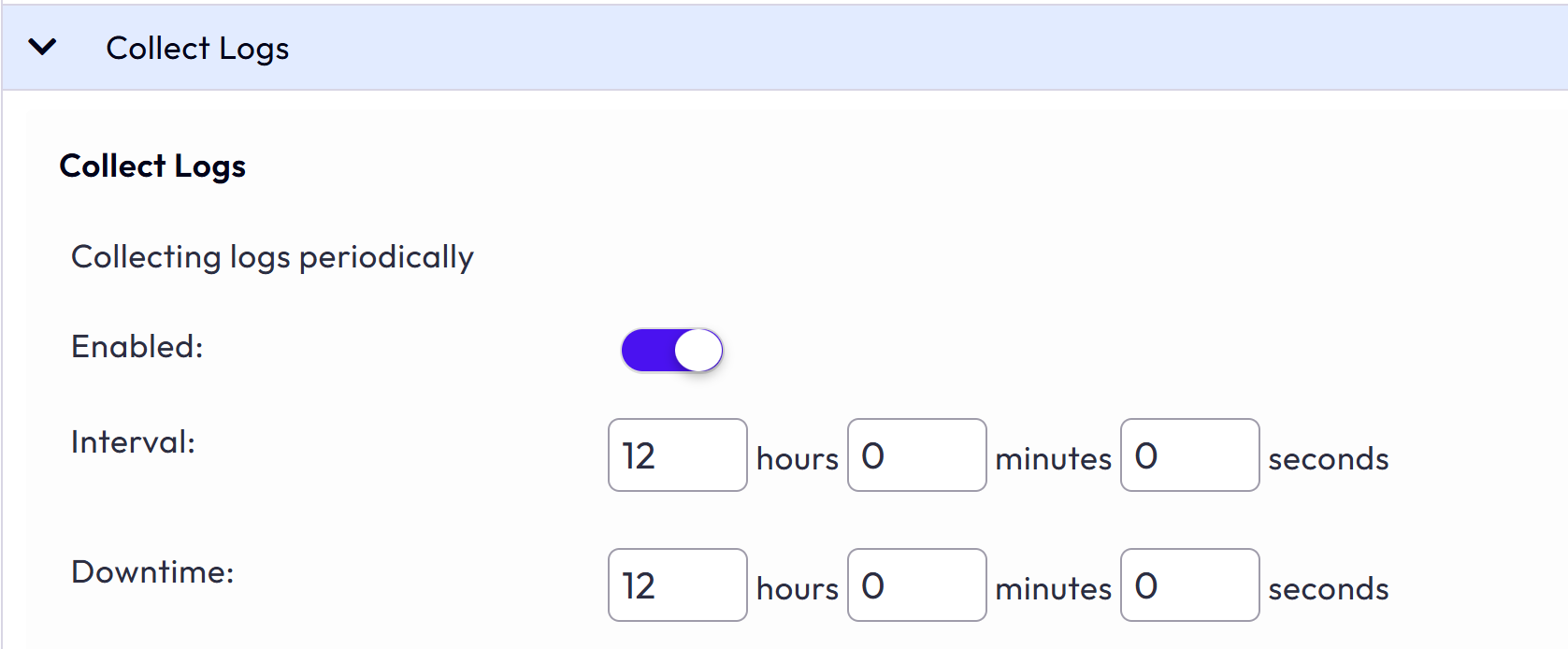 Collect Logs job is enabled. The configured interval for this job is 2 hours and downtime is 3 hours.