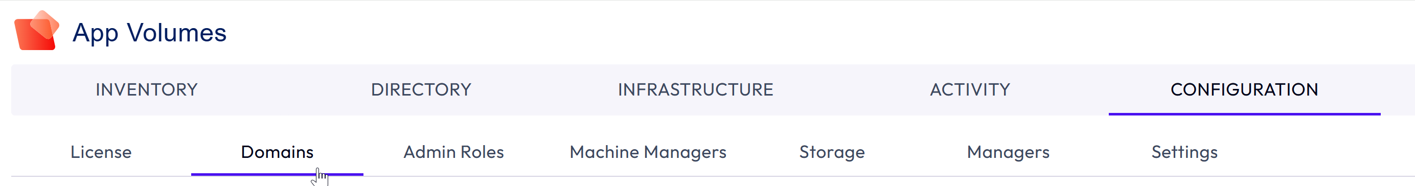 Use the CONFIGURATION tab to verify license, configure active directory, machine manager, storage, and advanced settings, and assign roles.