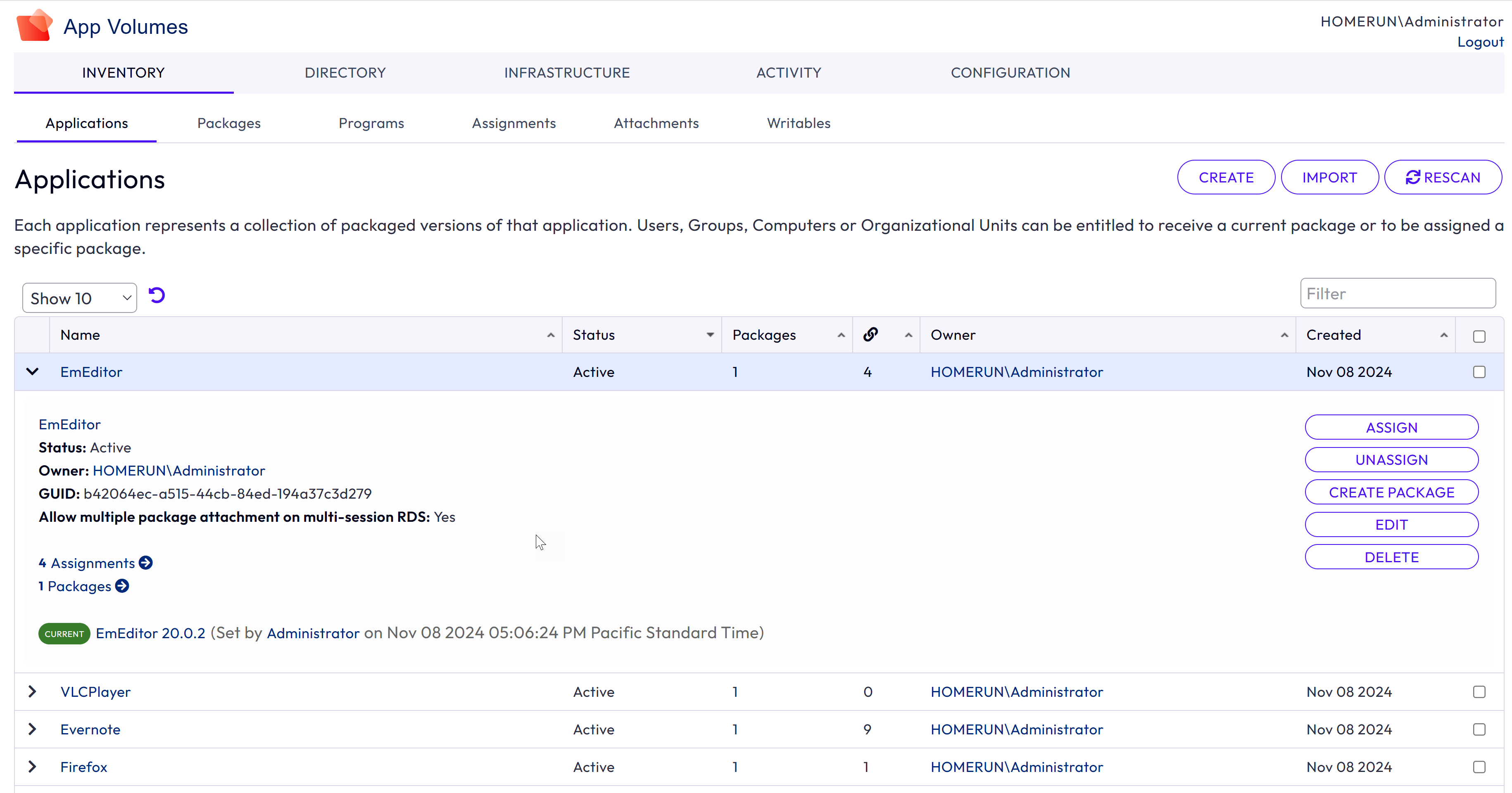 Applications Summary page contains the list of applications created in App Volumes and the information summary for each application.