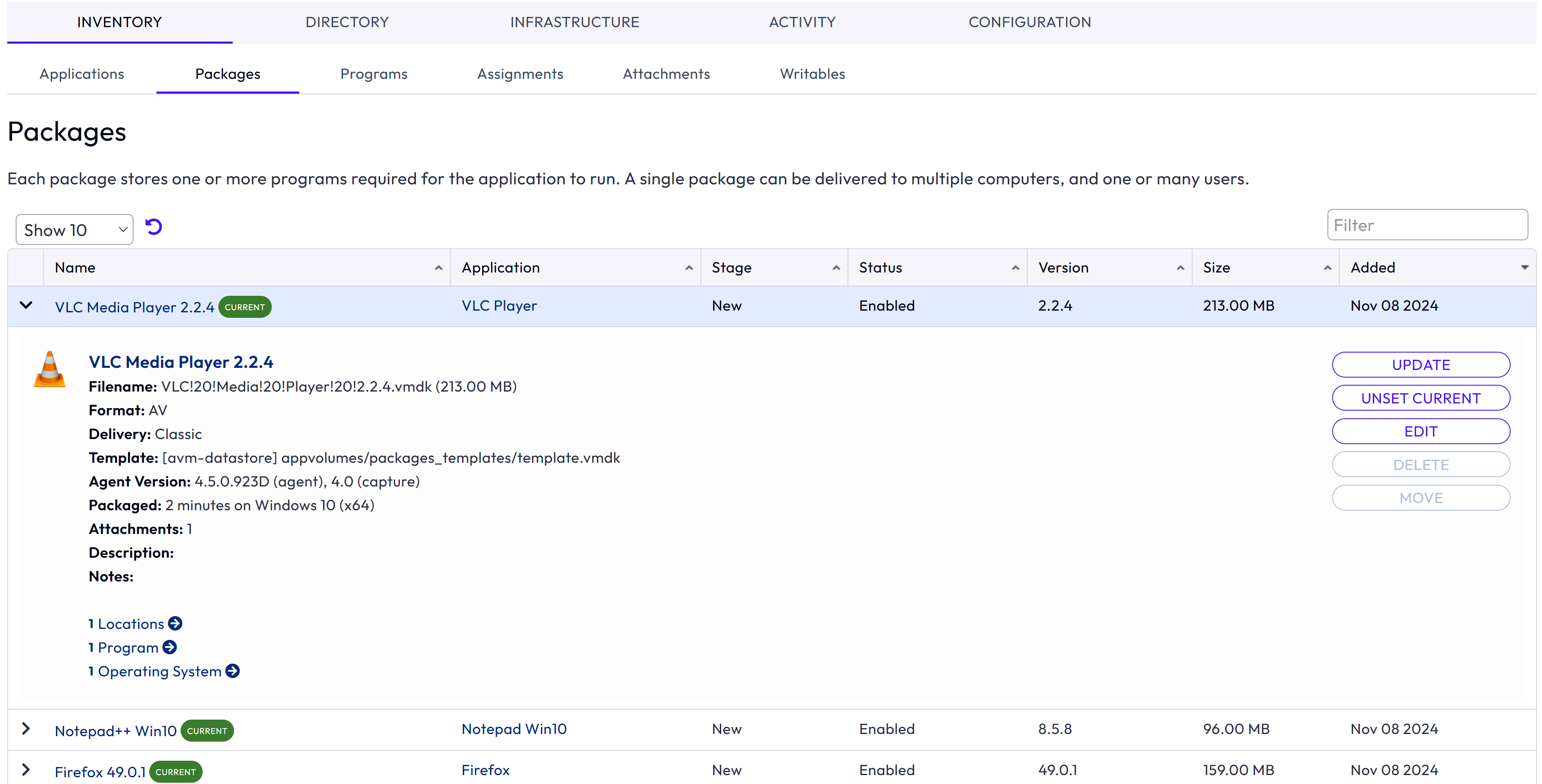 Packages summary page lists all the packages created for all applications in App Volumes and displays the information summary for each package.