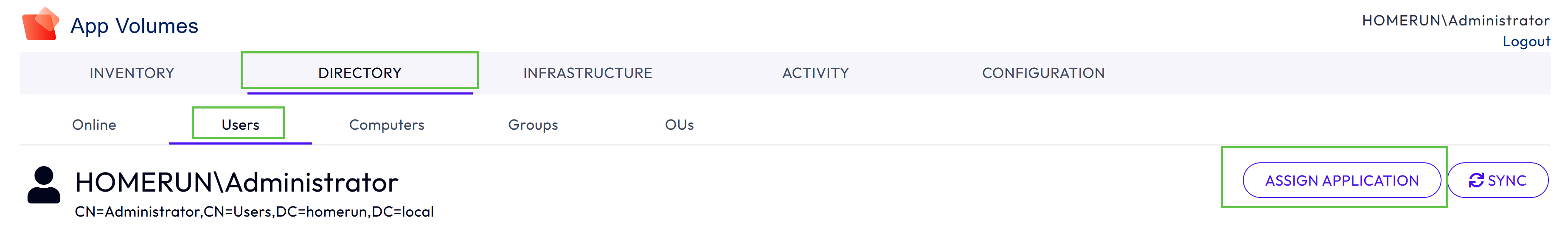 Assign Application is present in the Users entity page as part of the CONFIGURATION tab.