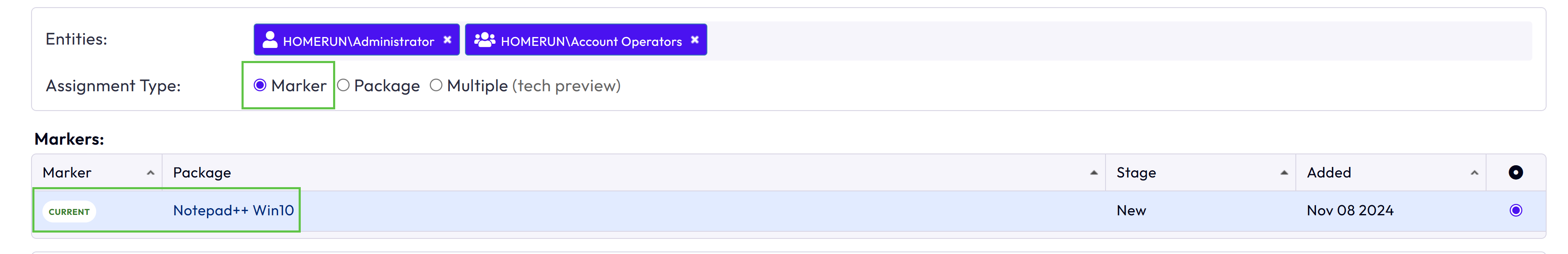 For the Assignment Type Marker, an entity receives the current version of a package and the package has the CURRENT marker.