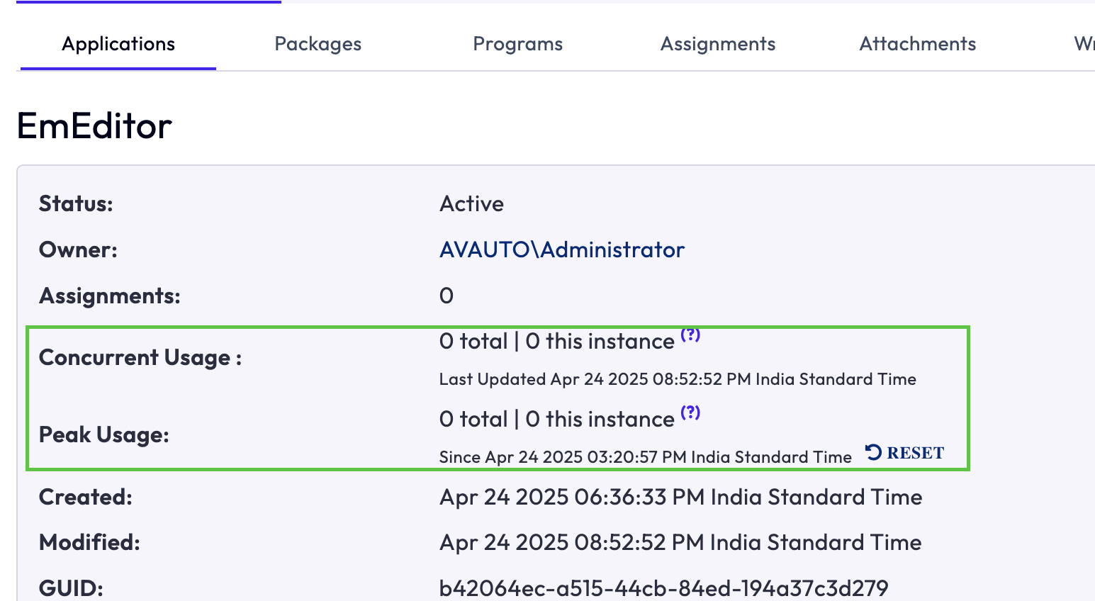 Concurrent Usage and Peak Usage data is 0.