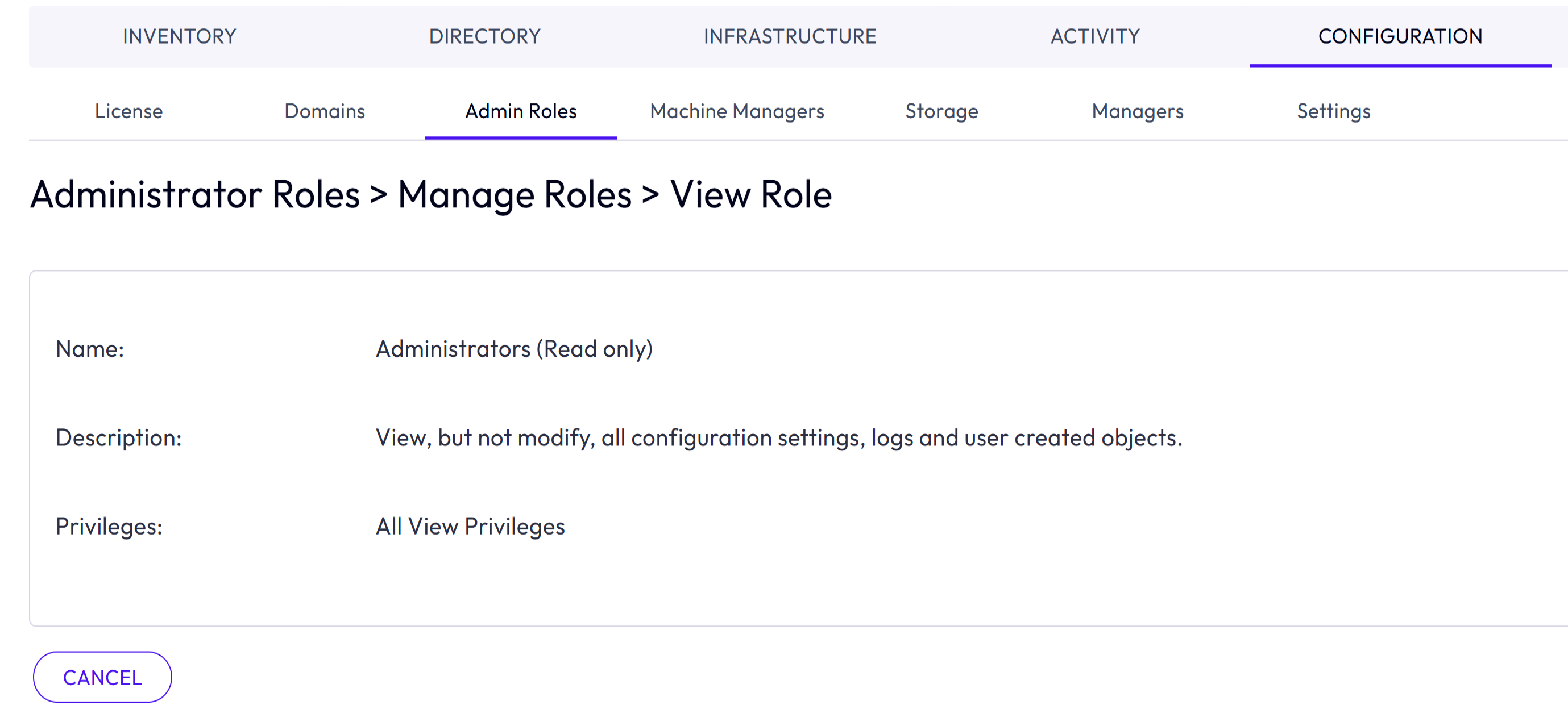 Name, Description, and Privileges of an App Volumes admin role are displayed. Name, Description, and Privileges of an App Volumes admin role are displayed.