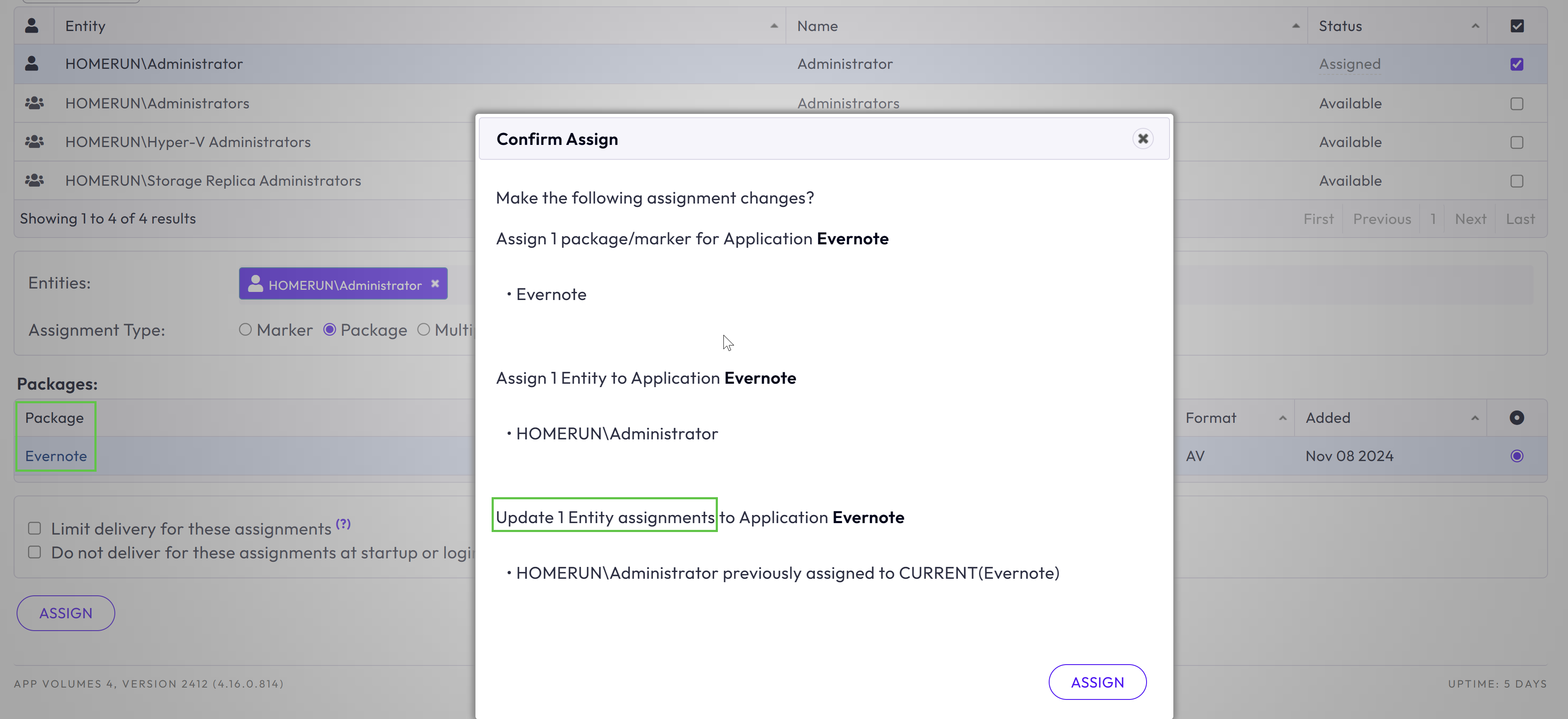 Confirm Assign dialog showing package and entity assignment changes for Evernote application