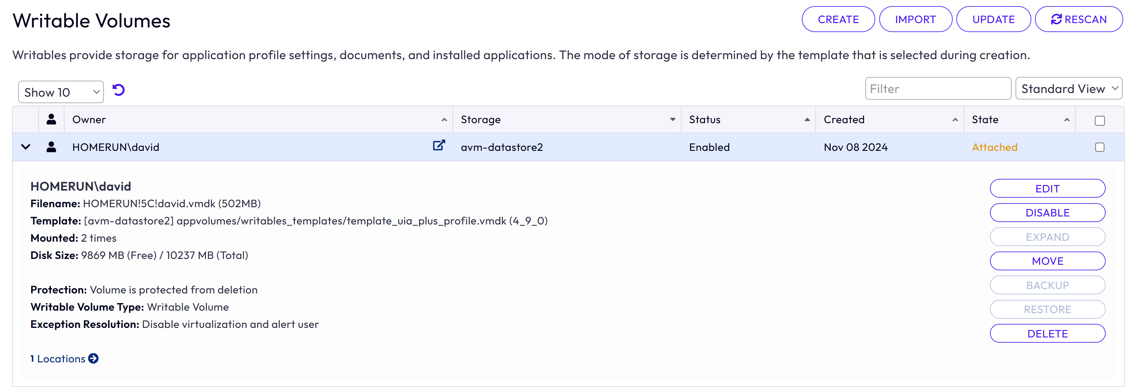 Writable Volume details view showing filename, template type, disk size, and location