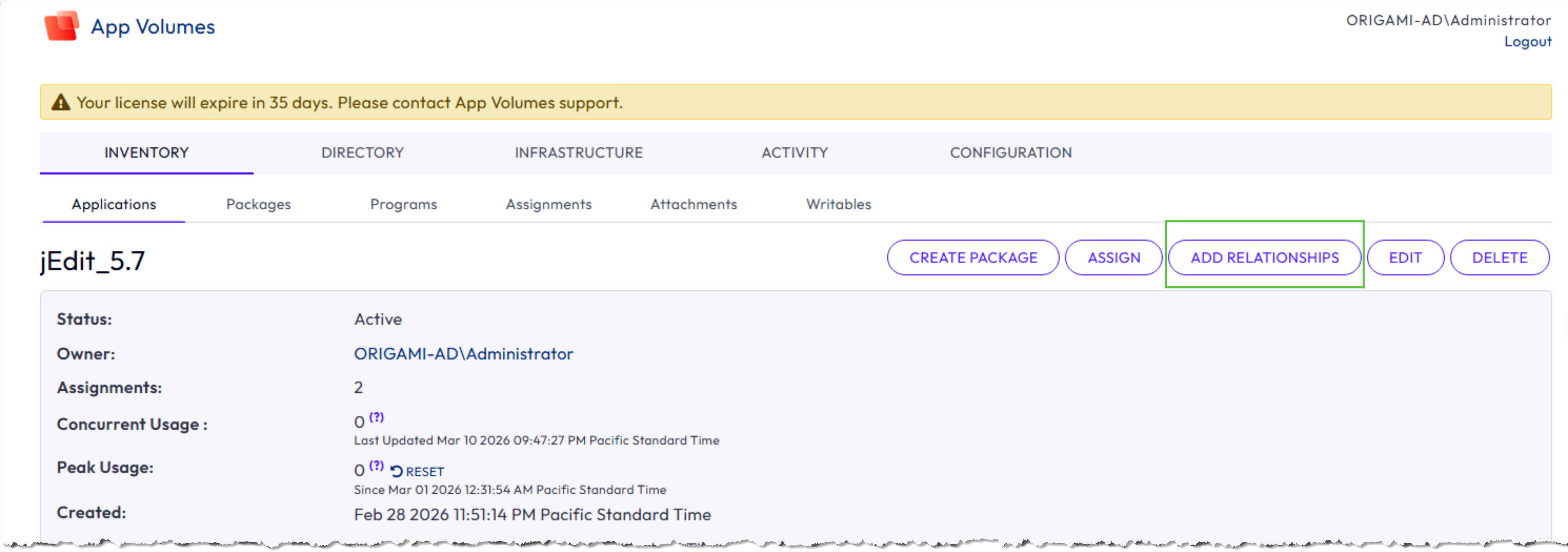 Add Relationships - Opens dialog to create relationships for the jEdit_5.7 application