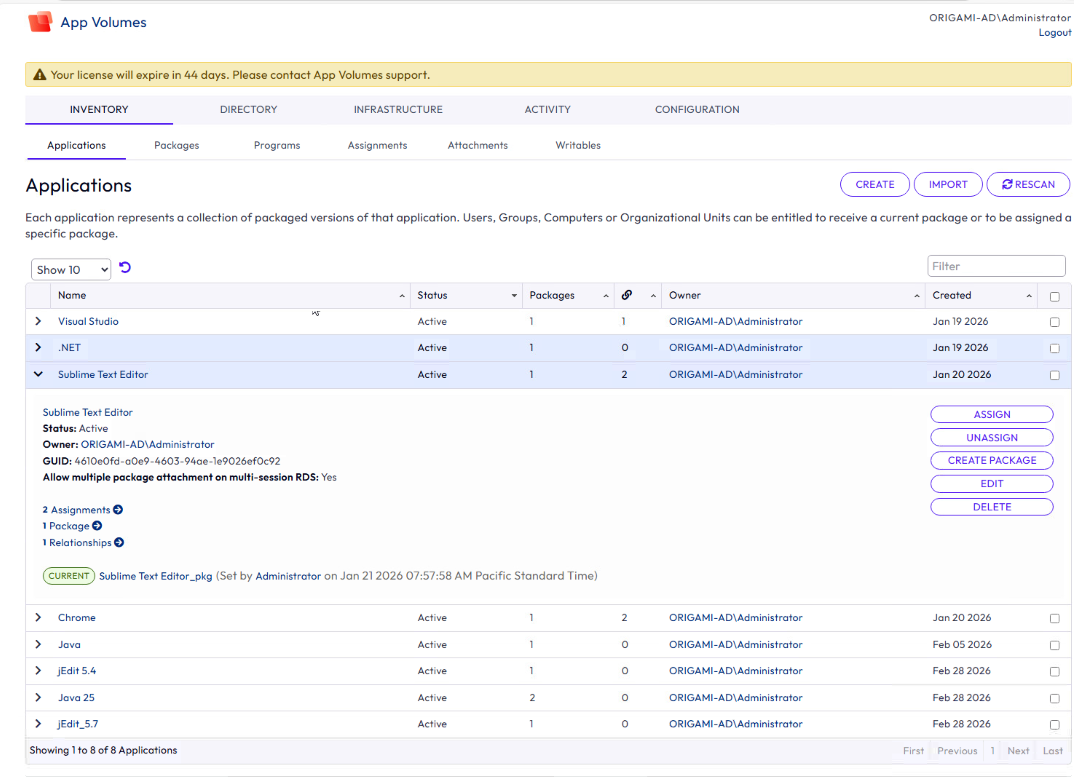 Applications Summary page contains the list of applications created in App Volumes and the information summary for each application.