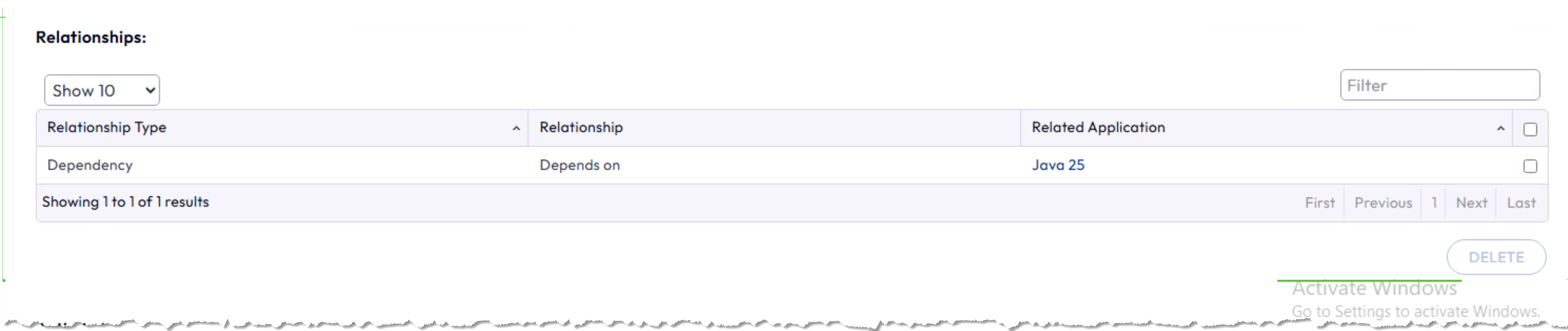 Relationships table lists all the defined relationships for the current application. The information includes Relationship Type, Relationship, and Related Application.