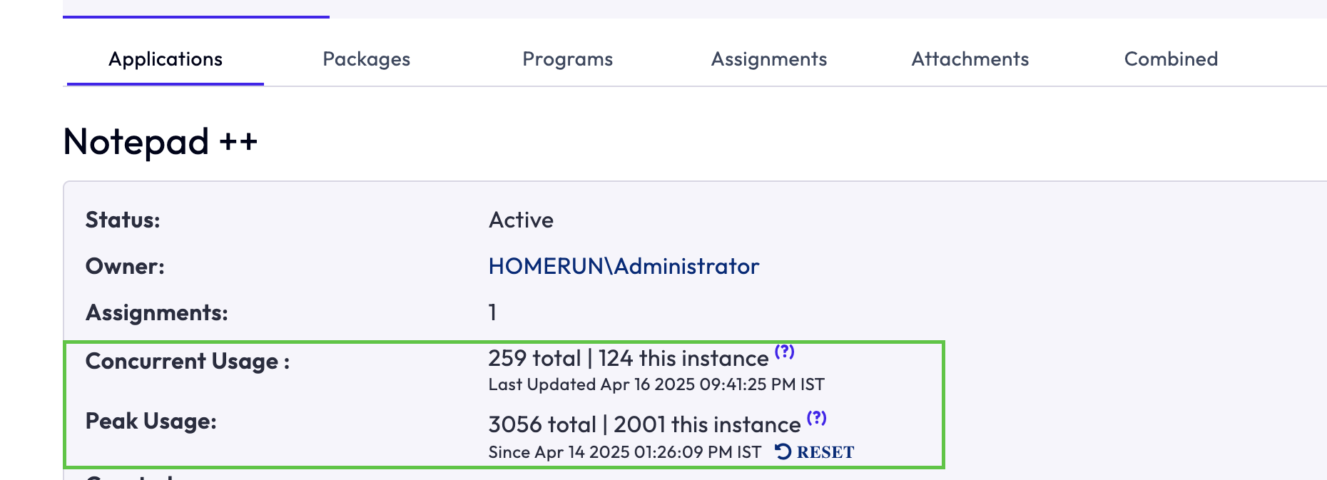 Concurrent Usage and Peak Usage data is displayed when App Volumes is configured for application synchronization. Concurrent Usage and Peak Usage data is displayed when App Volumes is configured for application synchronization.