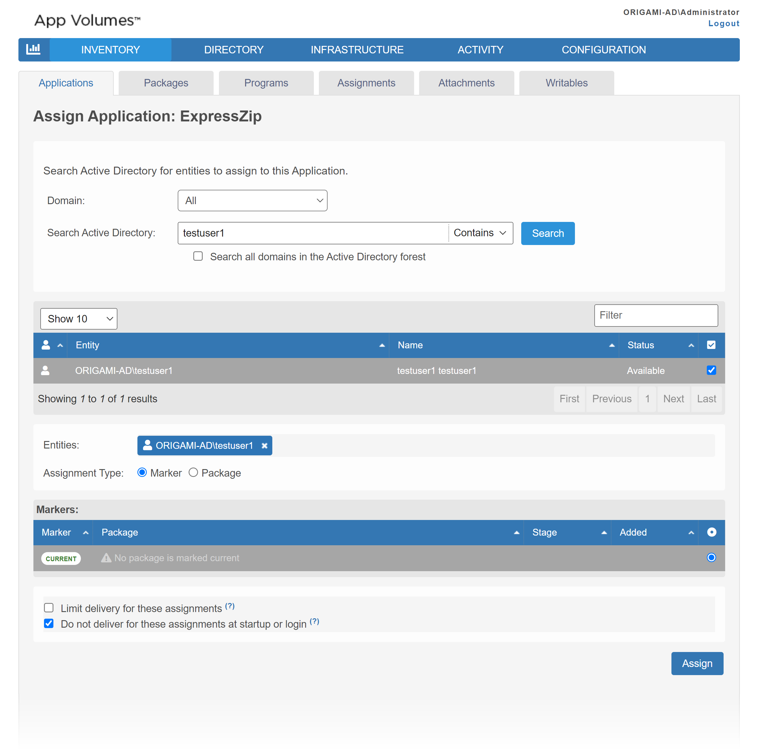 The check box to not deliver assignments at computer startup or user login is available in the Assign Application page in the Inventory tab. The check box to not deliver assignments at computer startup or user login is available in the Assign Application page in the Inventory tab.