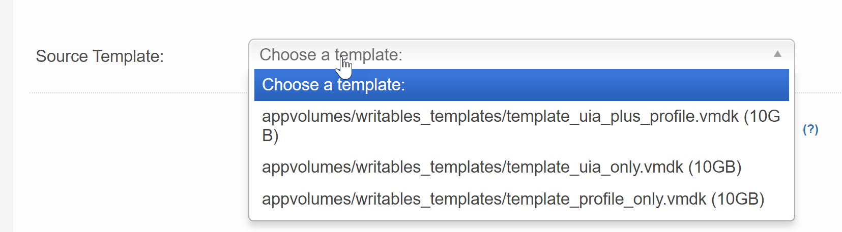 Source Template drop-down menu for selecting Writable Volume template type
