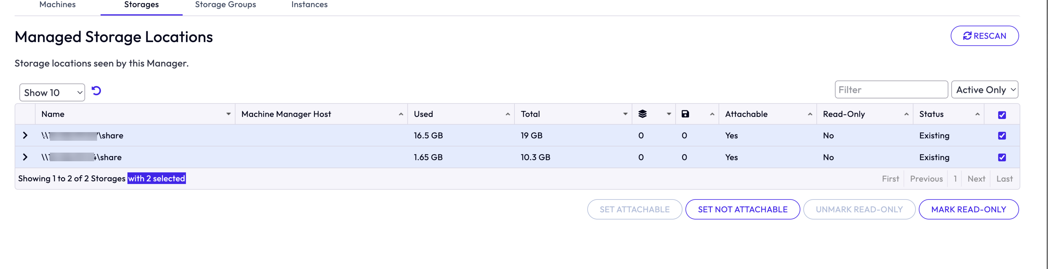 Managed Storage Locations page displaying list of storage locations and shared datastores