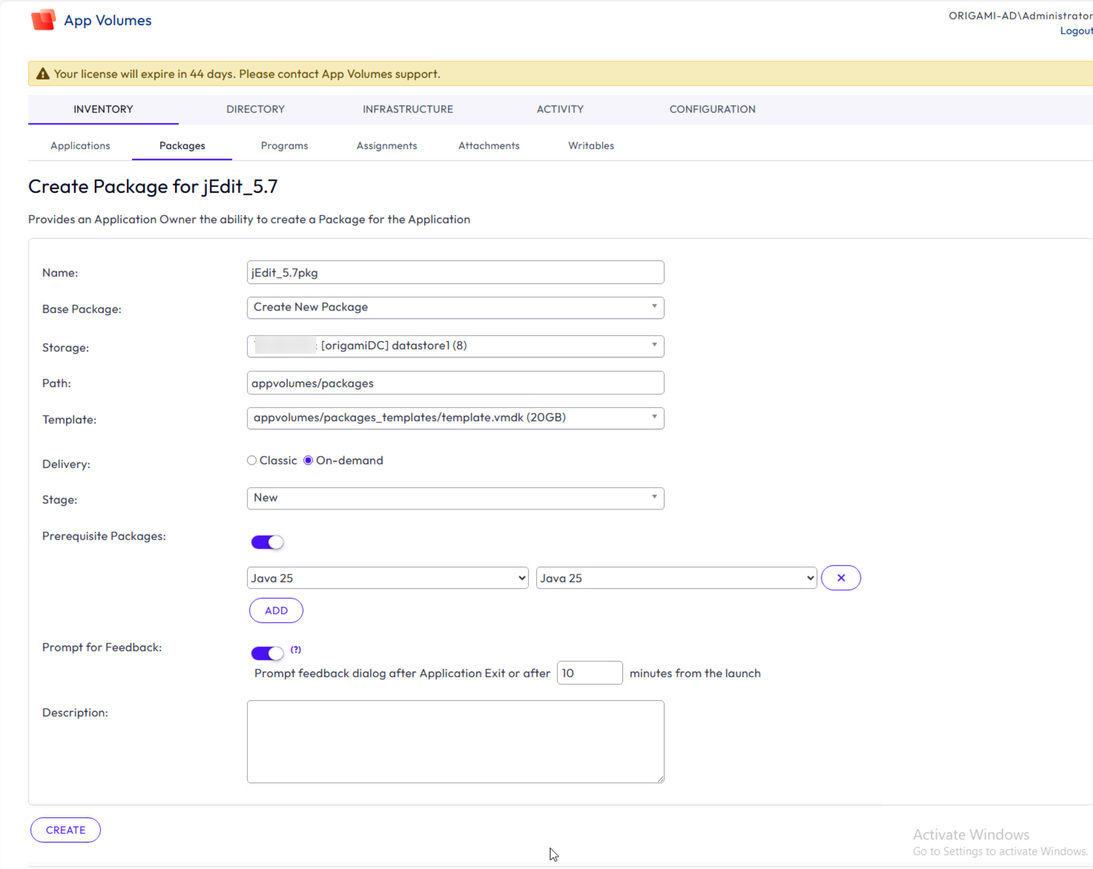 Package details for jEdit_5.7pkg displays the storage location of the package, delivery mode is on-demand, and the package is in a new stage. Java 25 is the added as the prerequisite package and feedback from users is gathered for the jEdit application.
