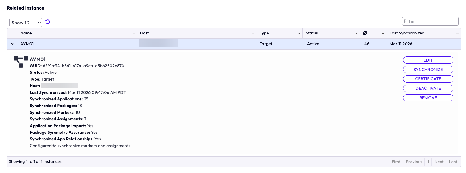 Target instance details such as GUID, status, IP address, the number of applications and packages synchronized, and status of control settings are displayed.