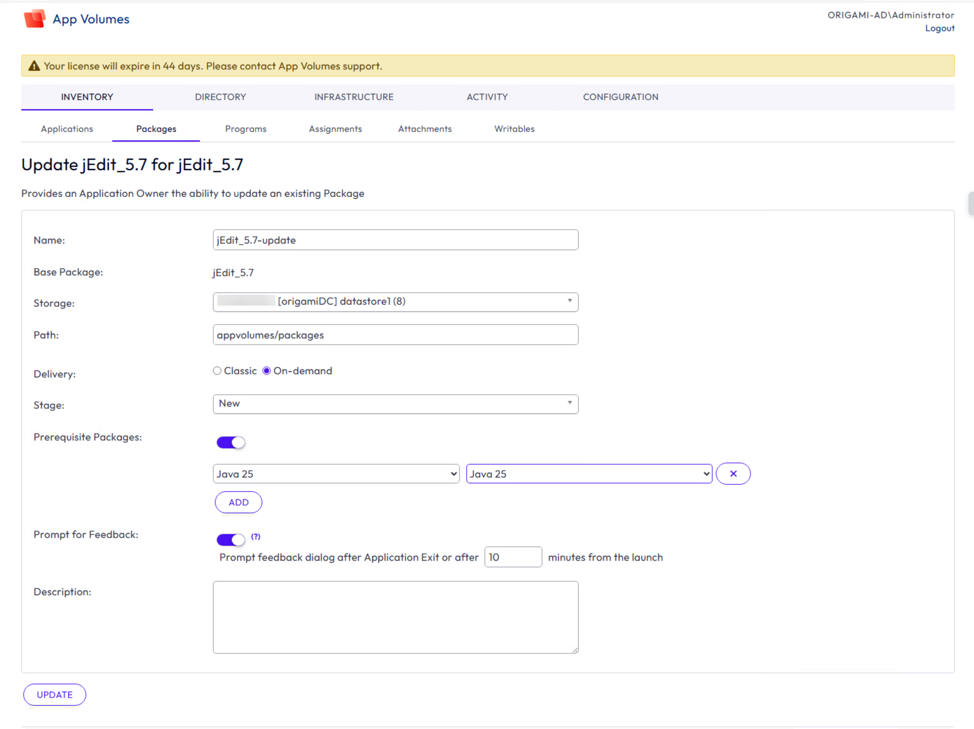 The existing package is in the Enabled status and becomes the Base Package for the new, updated version of the package.