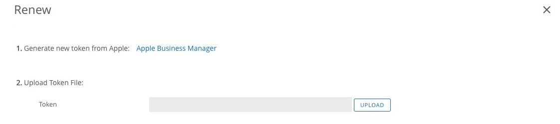 The Renew screen shows the option to generate a new token from Apple Business Manager and upload the token file.