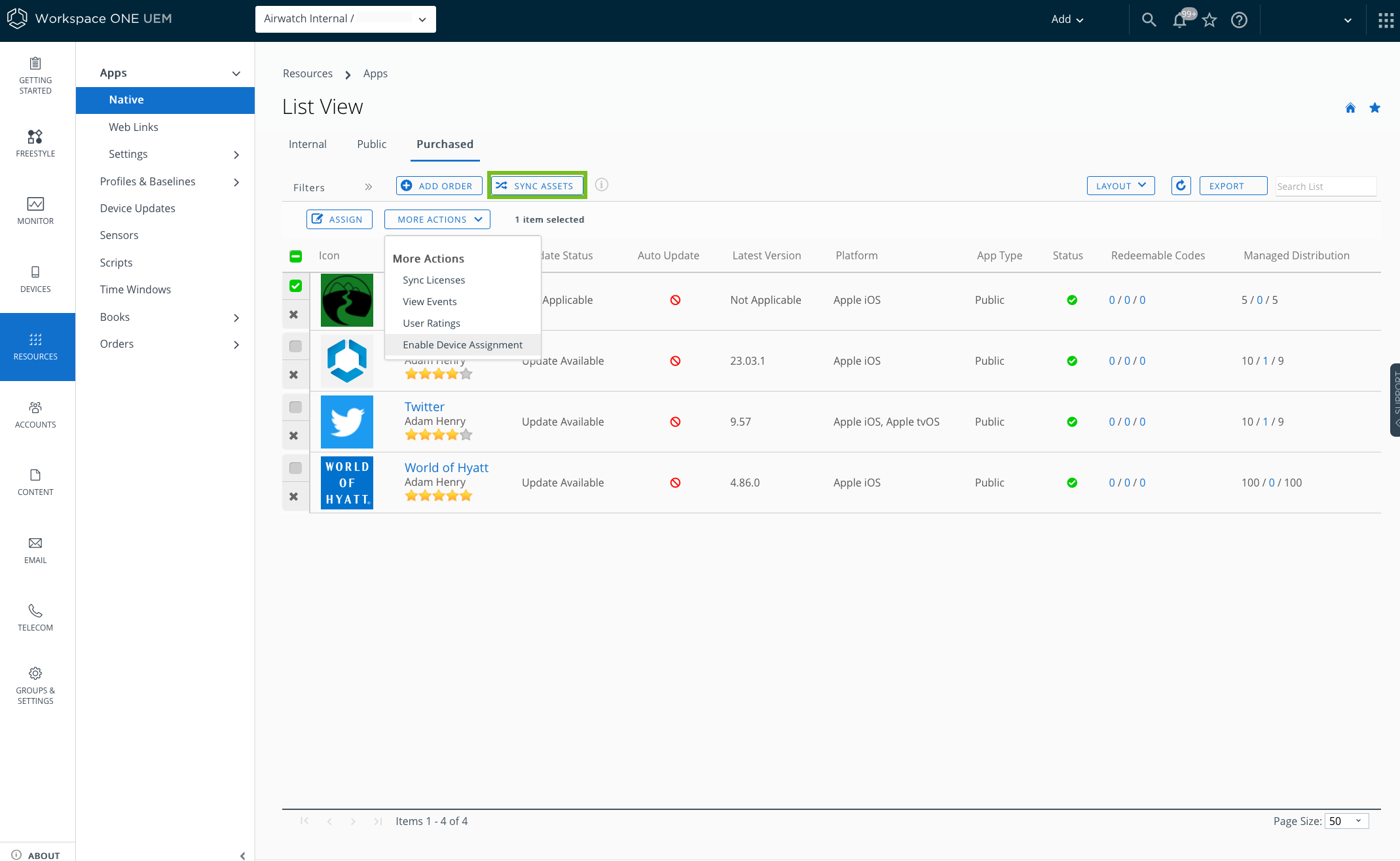 Apps list view showing sync assets option highlighted