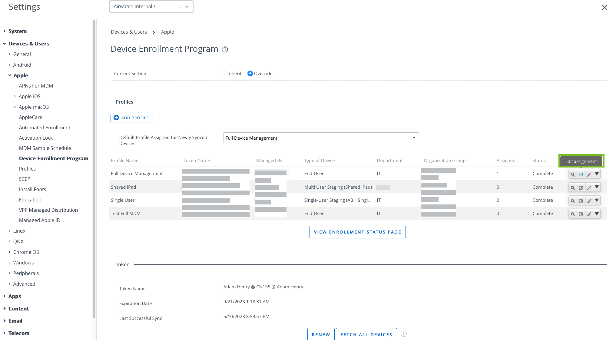 Device Enrollment Program page showing Edit Assignment option highlighted Device Enrollment Program page showing Edit Assignment option highlighted