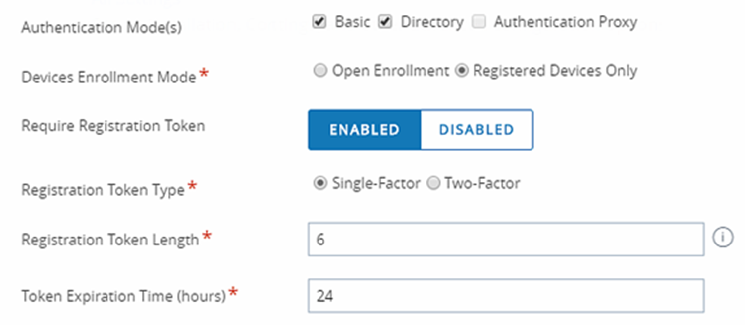 This image shows that the Device Enrollment mode is set to Registered Devices Only and the Registration Token is enabled.