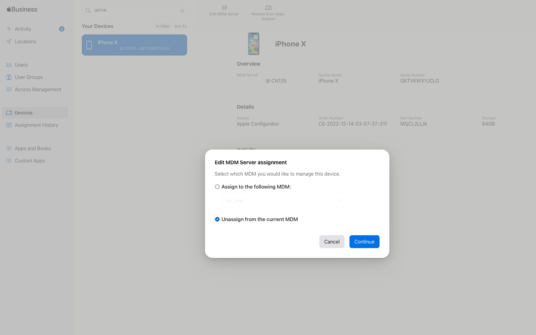 MDM server assignment dialog showing the option to unassign the device from MDM