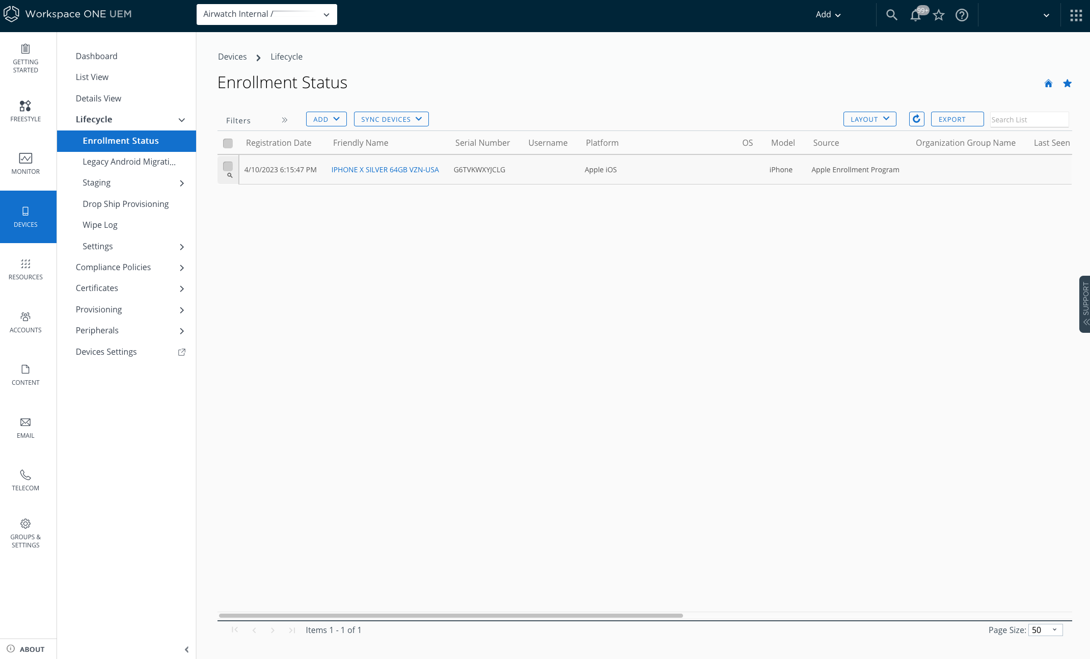 Enrollment Status window showing serial number, model, souce etc