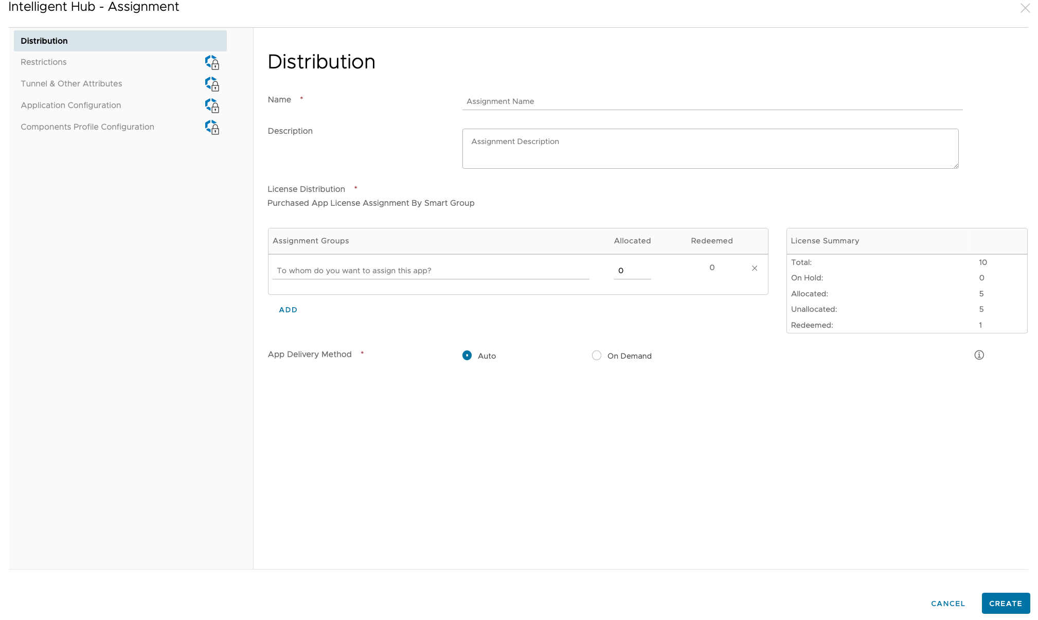 Distribution page showing various options to add assignment group, app delivery method etc