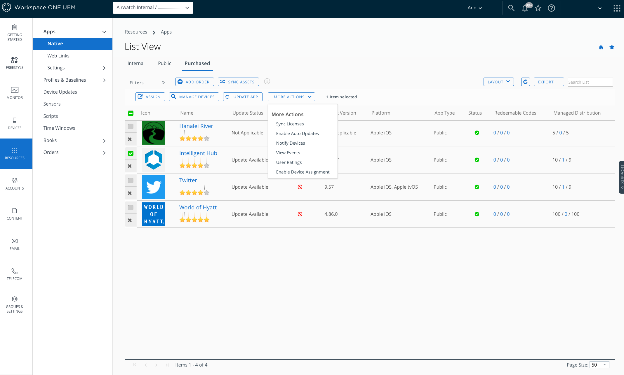 More actions drop-down showing various options