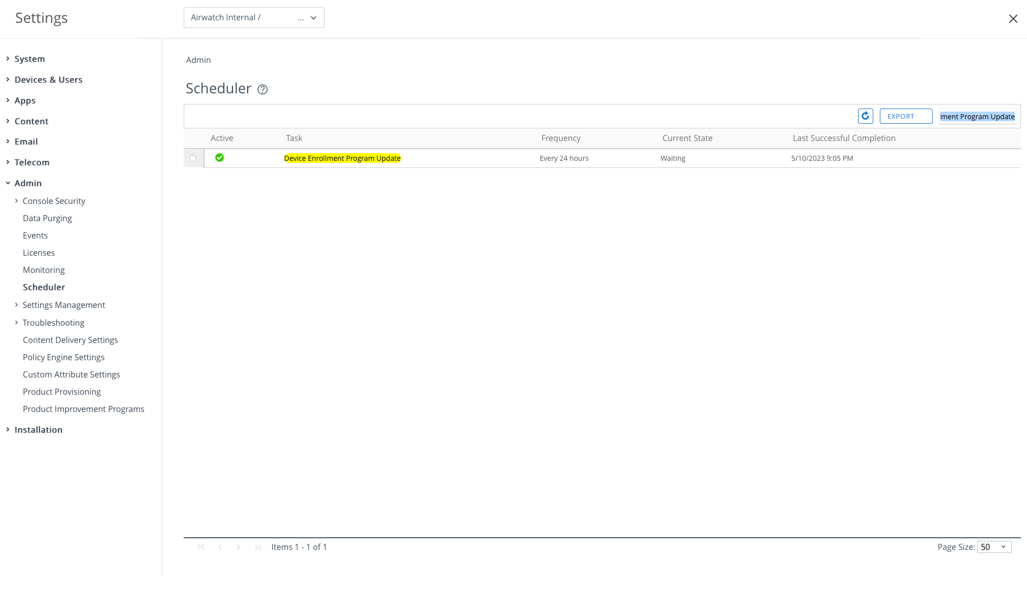 Scheduler page showing DEP update task