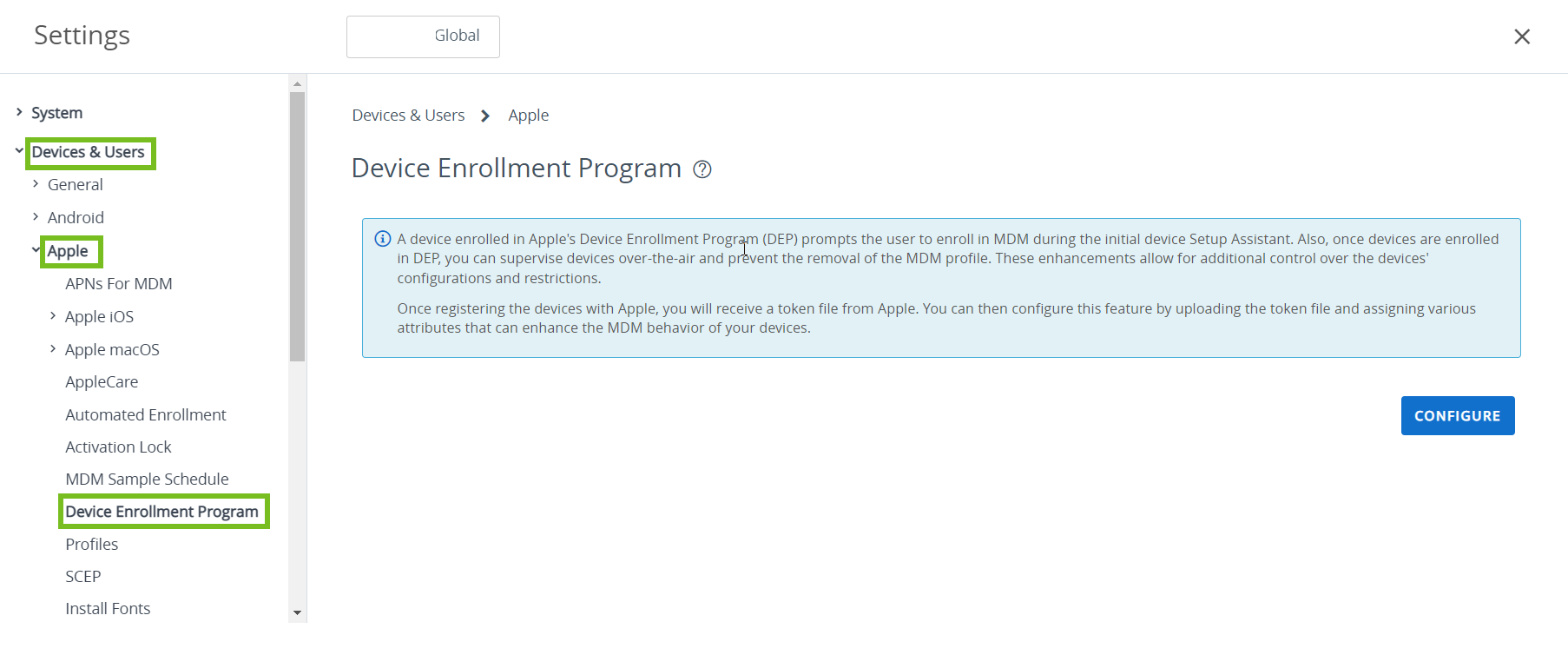 Device Enrollment Program page showing Device and Users, Apple and Device Enrollment Program options highlighted