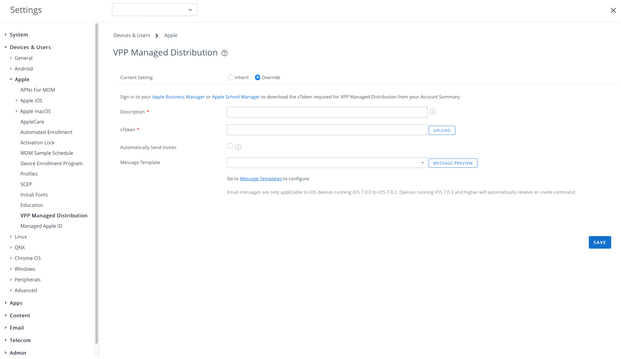 VPP managed distribution page showing the option to upload sToken