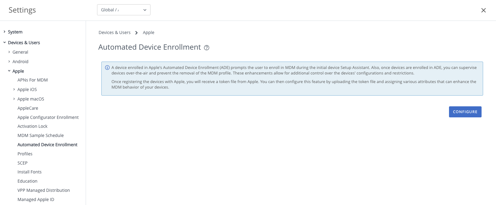 Automated Device Enrollment Program page showing Device and Users, Apple and Automated Device Enrollment Program options