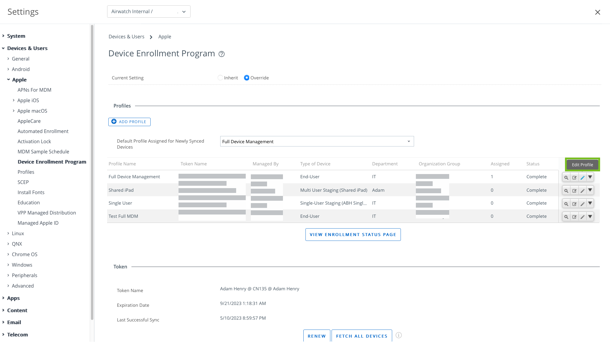 Edit Profile option highlighted in the Automated Device Enrollment Program page Edit Profile option highlighted in the Automated Device Enrollment Program page