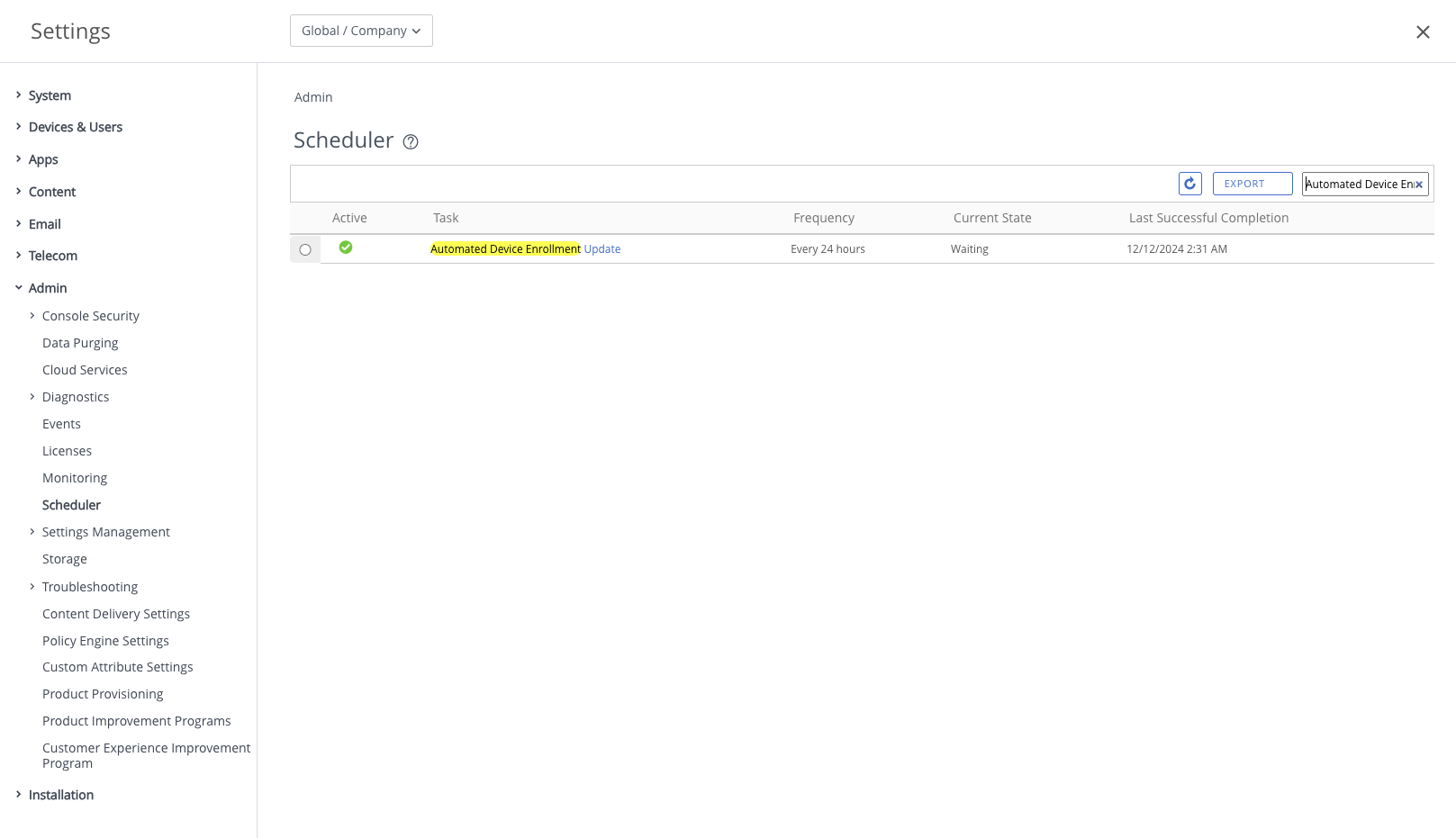 Scheduler page showing ADE update task