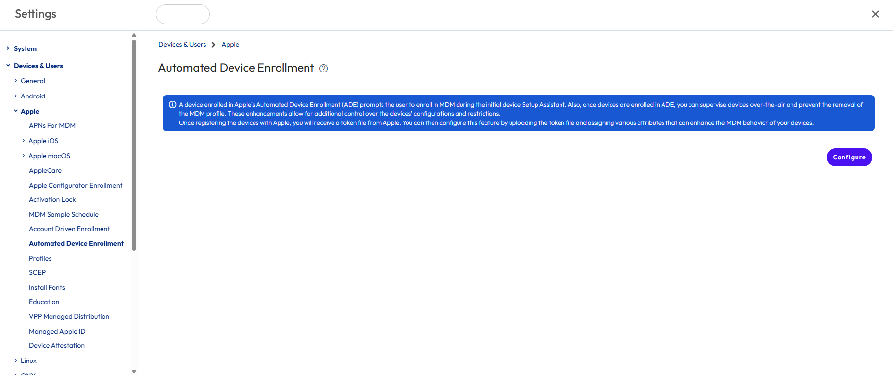 Automated Device Enrollment Program page showing Device and Users, Apple and Automated Device Enrollment Program options